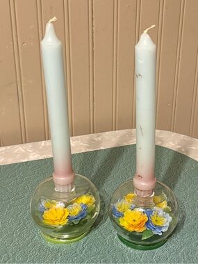 Vintage MCM Bubble Glass Candle Holder With Enclosed Faux Flowers Terrarium